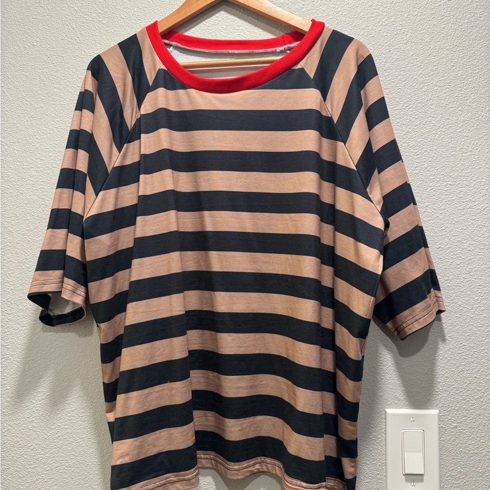 Striped Black and Tan T-Shirt with Red Collar
